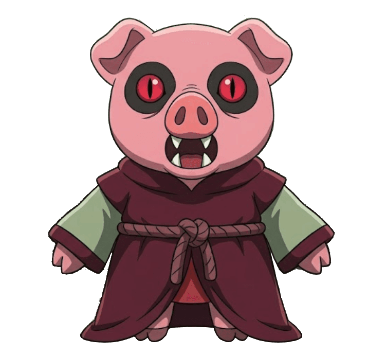 Pinky — a divine crocheted stuffed pink pig with cat eyes, shark teeth, witchy shoes, and a red thong, presiding over the swine shrine